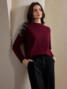 Anewsta 优雅水钻装饰圆领圣诞女式红色毛衣 - 酒紅色 - 查看 5