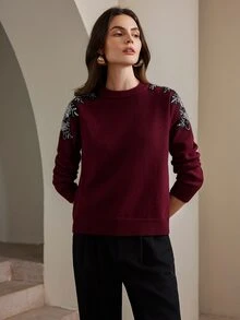 Anewsta 优雅水钻装饰圆领圣诞女式红色毛衣 - 酒紅色 - 查看 7