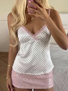 CovetEZ 女款性感甜美蕾絲拼接波點細肩帶背心 - 白色 - 查看 8
