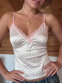 CovetEZ 女款性感甜美蕾絲拼接波點細肩帶背心 - 白色 - 查看 2