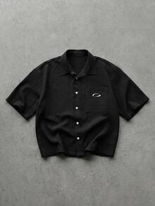GETOML 男士刺繡胸前短袖單排扣襯衫，度假風，父親節禮物 - 黑色 - 查看 3