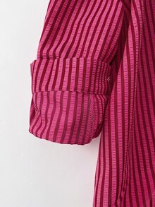 SHEIN LUNE 大尺碼女款條紋落肩長袖單排扣休閒襯衫 - 彩色 - 查看 4