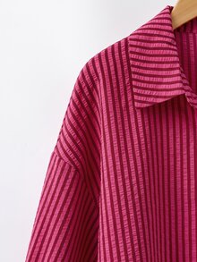 SHEIN LUNE 大尺碼女款條紋落肩長袖單排扣休閒襯衫 - 彩色 - 查看 3