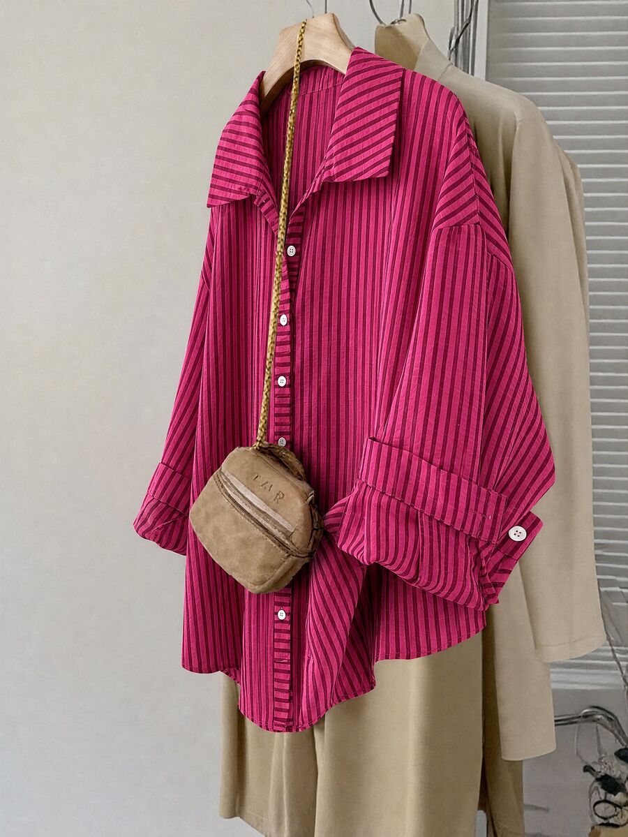 SHEIN LUNE 大尺碼女款條紋落肩長袖單排扣休閒襯衫 - 彩色 - 查看 1