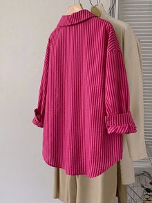 SHEIN LUNE 大尺碼女款條紋落肩長袖單排扣休閒襯衫 - 彩色 - 查看 2