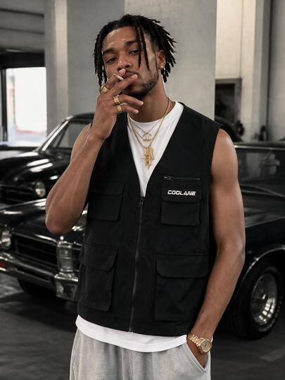 GETOML Men's Casual Solid Color Utility Vest Tactical Vest Vests Black Vest Male Vest Vest Man Army Vest Graphic Vest Motorcycle Vest