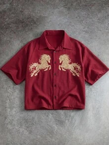 GETOML 男士休閒馬匹印花襯衫，夏季，度假，父親節禮物 - 酒紅色 - 查看 3