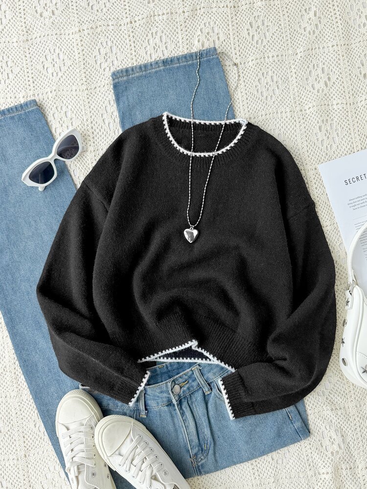 Teen Girls Long Sleeve Black And White Striped Crew Neck High Neck Pullover Sweater, Suitable For Spring, Autumn, Winter, Pairs With Jeans, Jackets, Cotton Coats - Black and White - View 3
