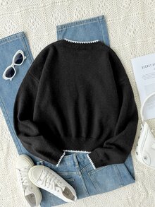 青少年女孩長袖黑白條紋圓領高領套頭毛衣，適合春、秋、冬，可搭配牛仔褲、夾克、棉外套 - 黑與白 - 查看 2