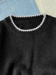 青少年女孩長袖黑白條紋圓領高領套頭毛衣，適合春、秋、冬，可搭配牛仔褲、夾克、棉外套 - 黑與白 - 查看 5