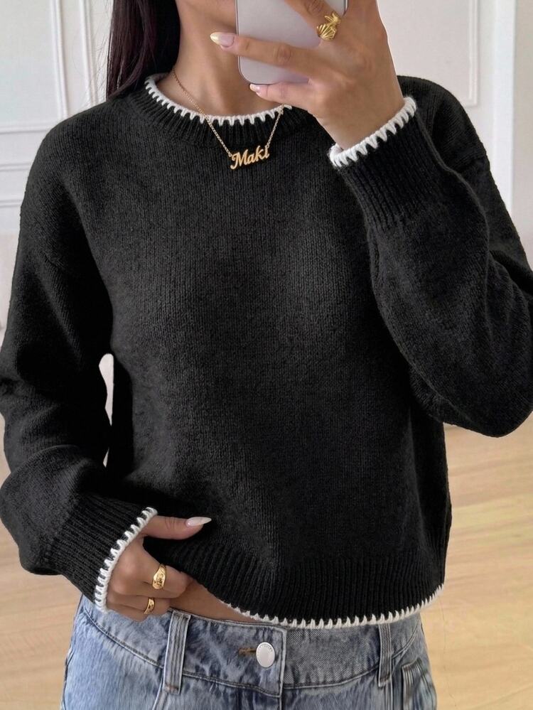Teen Girls Long Sleeve Black And White Striped Crew Neck High Neck Pullover Sweater, Suitable For Spring, Autumn, Winter, Pairs With Jeans, Jackets, Cotton Coats - Black and White - View 1