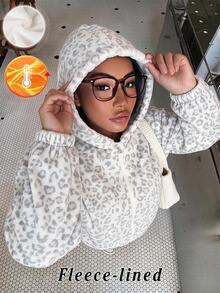 SHEIN Sparklyn 青少年女孩秋季休閒拼接色復古時尚豹紋灰白格紋法蘭絨加絨印花收腰拉鍊外套 - 彩色 - 查看 1