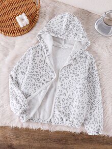 SHEIN Sparklyn 青少年女孩秋季休閒拼接色復古時尚豹紋灰白格紋法蘭絨加絨印花收腰拉鍊外套 - 彩色 - 查看 3
