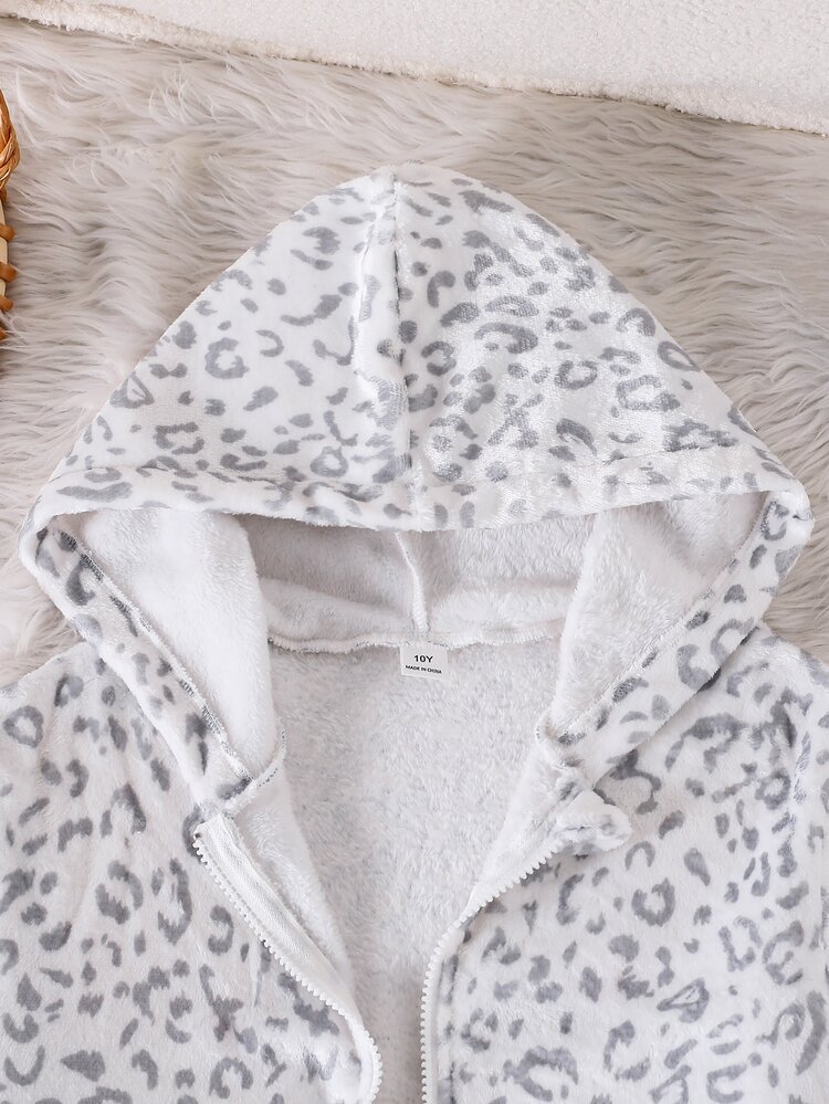 SHEIN Sparklyn Tween Girls Fall Clothes Fall Jackets Casual Colorblock Retro Fashion Leopard Print Grey & White Flannel Fleece Lined Printed Cinched Waist Zipper... - Multicolor - View 8