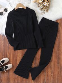 Tween Girls Sweater Set Black Long Sleeve Pullover Sweater Long Pants Ribbed Knit Suitable For Spring Autumn Winter Wear Matching With Jeans Jacket Padded Coat - Black - View 3