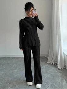 Tween Girls Sweater Set Black Long Sleeve Pullover Sweater Long Pants Ribbed Knit Suitable For Spring Autumn Winter Wear Matching With Jeans Jacket Padded Coat - Black - View 1