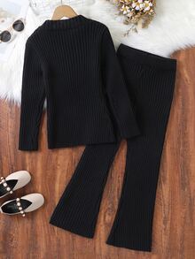 Tween Girls Sweater Set Black Long Sleeve Pullover Sweater Long Pants Ribbed Knit Suitable For Spring Autumn Winter Wear Matching With Jeans Jacket Padded Coat - Black - View 2
