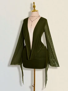 SHEIN ICON Sexy Oversized Cowl Neck Mesh Patchwork Backless Mini Dress - Army Green - View 3