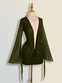 SHEIN ICON Sexy Oversized Cowl Neck Mesh Patchwork Backless Mini Dress - Army Green - View 5