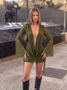 SHEIN ICON Sexy Oversized Cowl Neck Mesh Patchwork Backless Mini Dress - Army Green - View 1