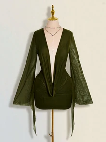 SHEIN ICON Sexy Oversized Cowl Neck Mesh Patchwork Backless Mini Dress - Army Green - View 9