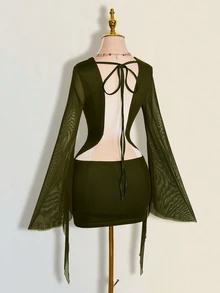SHEIN ICON Sexy Oversized Cowl Neck Mesh Patchwork Backless Mini Dress - Army Green - View 8