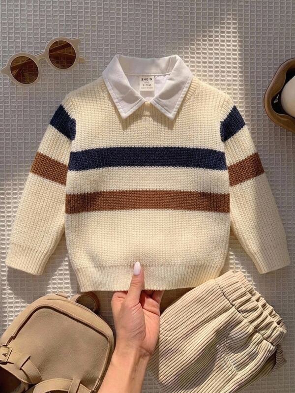 SHEIN Vintaside Kids Baby Boys Sweaters, Pullover Crew Neck Top, Striped Color Block, Apricot, Royal Blue, Brown, Versatile, Stylish, Preppy, Comfortable, Casual, Suitable For School, Daycare, Outings, Travel, Gatherings, Picnics, Parties