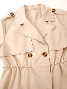 SHEIN Casuvi Kids 青少年女孩返校季復古卡其色雙排扣腰帶翻領中長版大衣 秋冬款 - 彩色 - 查看 4