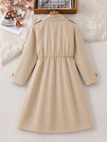 SHEIN Casuvi Kids 青少年女孩返校季復古卡其色雙排扣腰帶翻領中長版大衣 秋冬款 - 彩色 - 查看 2