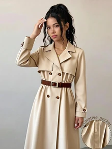 SHEIN Casuvi Kids 青少年女孩返校季復古卡其色雙排扣腰帶翻領中長版大衣 秋冬款 - 彩色 - 查看 1