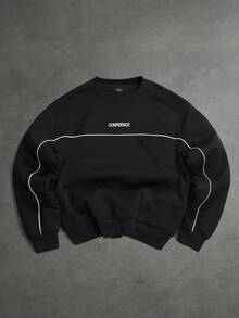 SLATEMANN Men's Letter Stripe Print Colorblock Long Sleeve Pullover Sweatshirt - Black - View 6