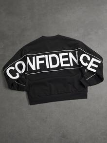 SLATEMANN Men's Letter Stripe Print Colorblock Long Sleeve Pullover Sweatshirt - Black - View 2