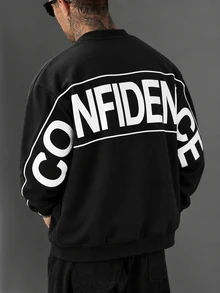 SLATEMANN Men's Letter Stripe Print Colorblock Long Sleeve Pullover Sweatshirt - Black - View 1
