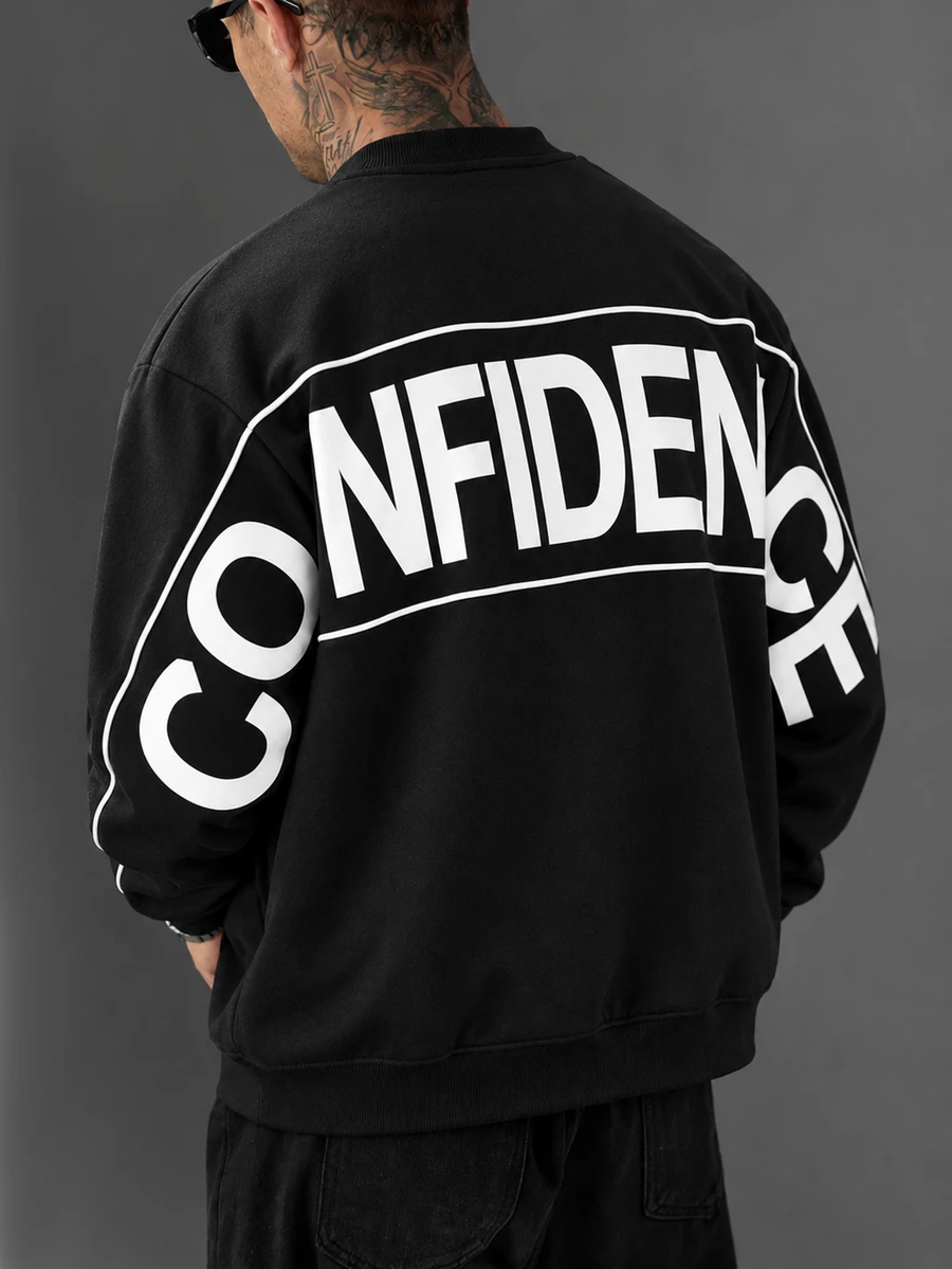 SLATEMANN Men's Letter Stripe Print Colorblock Long Sleeve Pullover Sweatshirt - Black - View 1
