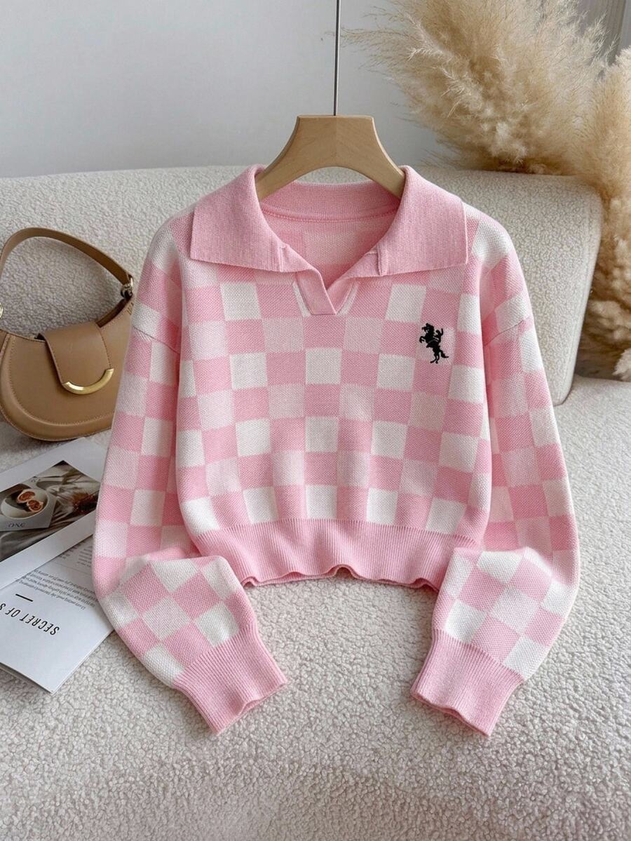 Girls (Big) Pink Plaid Pony Embroidery Logo Long Sleeve V-Neck Sweater, Suitable For Autumn And Winter, Pairs With Coats And Padded Jackets - Pink - View 1