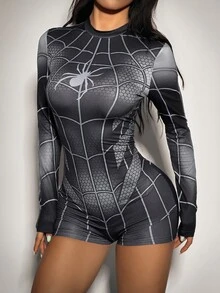 SHEIN ICON Romper Pas Badan dengan Motif Jaring Laba-laba - Hitam - View 7