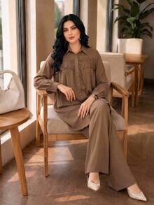 Lacomfia Plus Size Elegant Commuter Lace Patchwork Shirt And Pants - Khaki - View 3