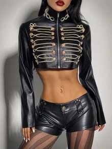 SHEIN ICON Women's Street Style Webbing Metal Button Long Sleeve Cropped Sexy Jacket, Halloween Costumes For Women - Black - View 5
