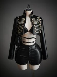 SHEIN ICON Women's Street Style Webbing Metal Button Long Sleeve Cropped Sexy Jacket, Halloween Costumes For Women - Black - View 7