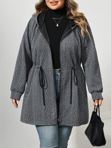 SHEIN CURVE+ جاكيت نسائي مقاس كبير بغطاء رأس وجيوب - رمادي - مشاهدة 9