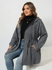 SHEIN CURVE+ جاكيت نسائي مقاس كبير بغطاء رأس وجيوب - رمادي - مشاهدة 6