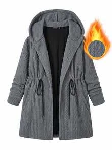 SHEIN CURVE+ جاكيت نسائي مقاس كبير بغطاء رأس وجيوب - رمادي - مشاهدة 1
