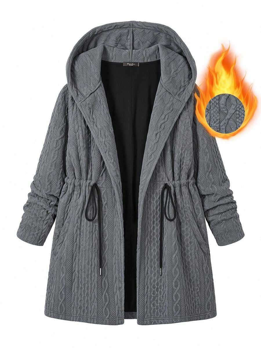SHEIN CURVE+ جاكيت نسائي مقاس كبير بغطاء رأس وجيوب - رمادي - مشاهدة 1