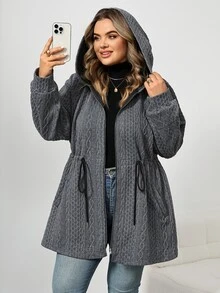 SHEIN CURVE+ جاكيت نسائي مقاس كبير بغطاء رأس وجيوب - رمادي - مشاهدة 4