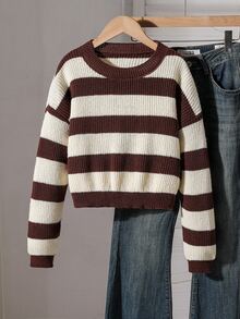 Tween Girls Long Sleeve Sweater, Earth Tone Round Neck Pullover Striped, Suitable For Spring And Autumn, Pairs With Jeans, Jackets And Padded Coats - Multicolor - View 4