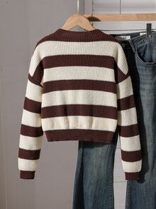 Tween Girls Long Sleeve Sweater, Earth Tone Round Neck Pullover Striped, Suitable For Spring And Autumn, Pairs With Jeans, Jackets And Padded Coats - Multicolor - View 2