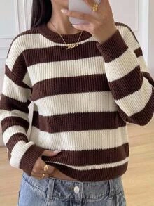 Tween Girls Long Sleeve Sweater, Earth Tone Round Neck Pullover Striped, Suitable For Spring And Autumn, Pairs With Jeans, Jackets And Padded Coats - Multicolor - View 1