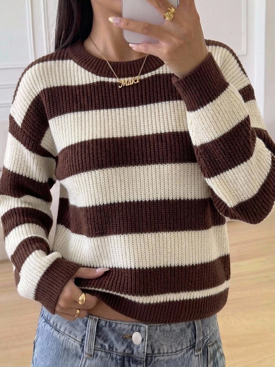 Tween Girls Long Sleeve Sweater, Earth Tone Round Neck Pullover Striped, Suitable For Spring And Autumn, Pairs With Jeans, Jackets And Padded Coats - Multicolor - View 1