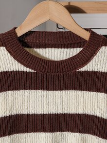 Tween Girls Long Sleeve Sweater, Earth Tone Round Neck Pullover Striped, Suitable For Spring And Autumn, Pairs With Jeans, Jackets And Padded Coats - Multicolor - View 7