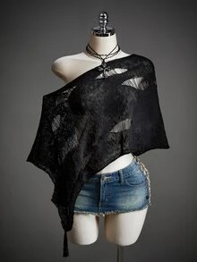 SHEIN ICON Women's Asymmetric Neck Distressed Casual Versatile Daily Wear Knit Top - Black - View 1